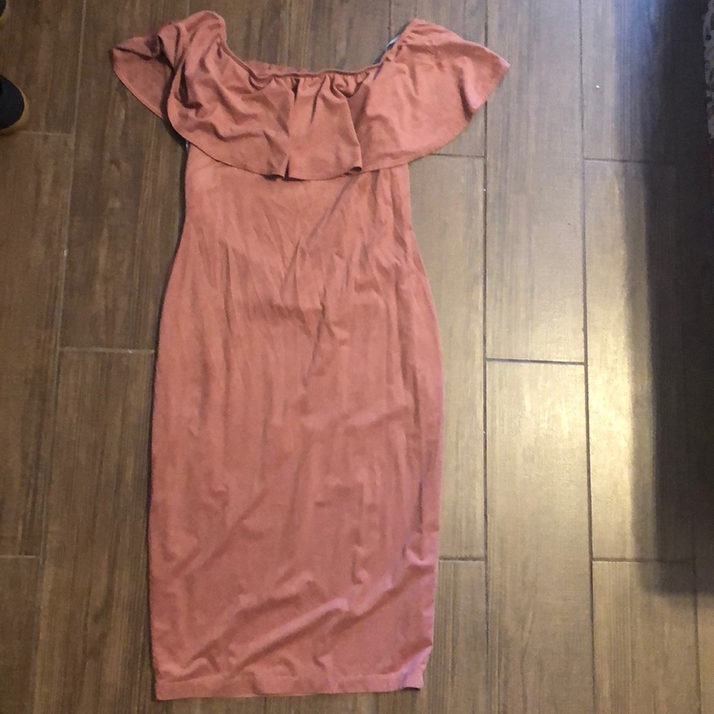 Suede bodycon off the shoulder dress